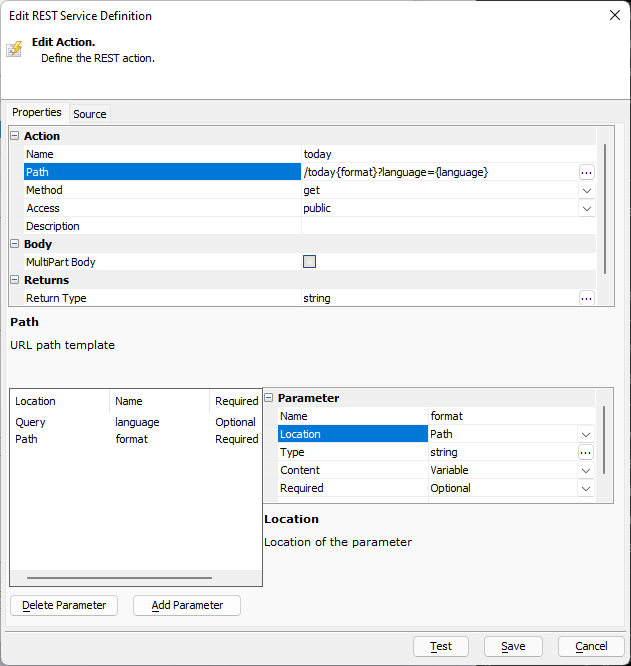 The complete definition for the today endpoint